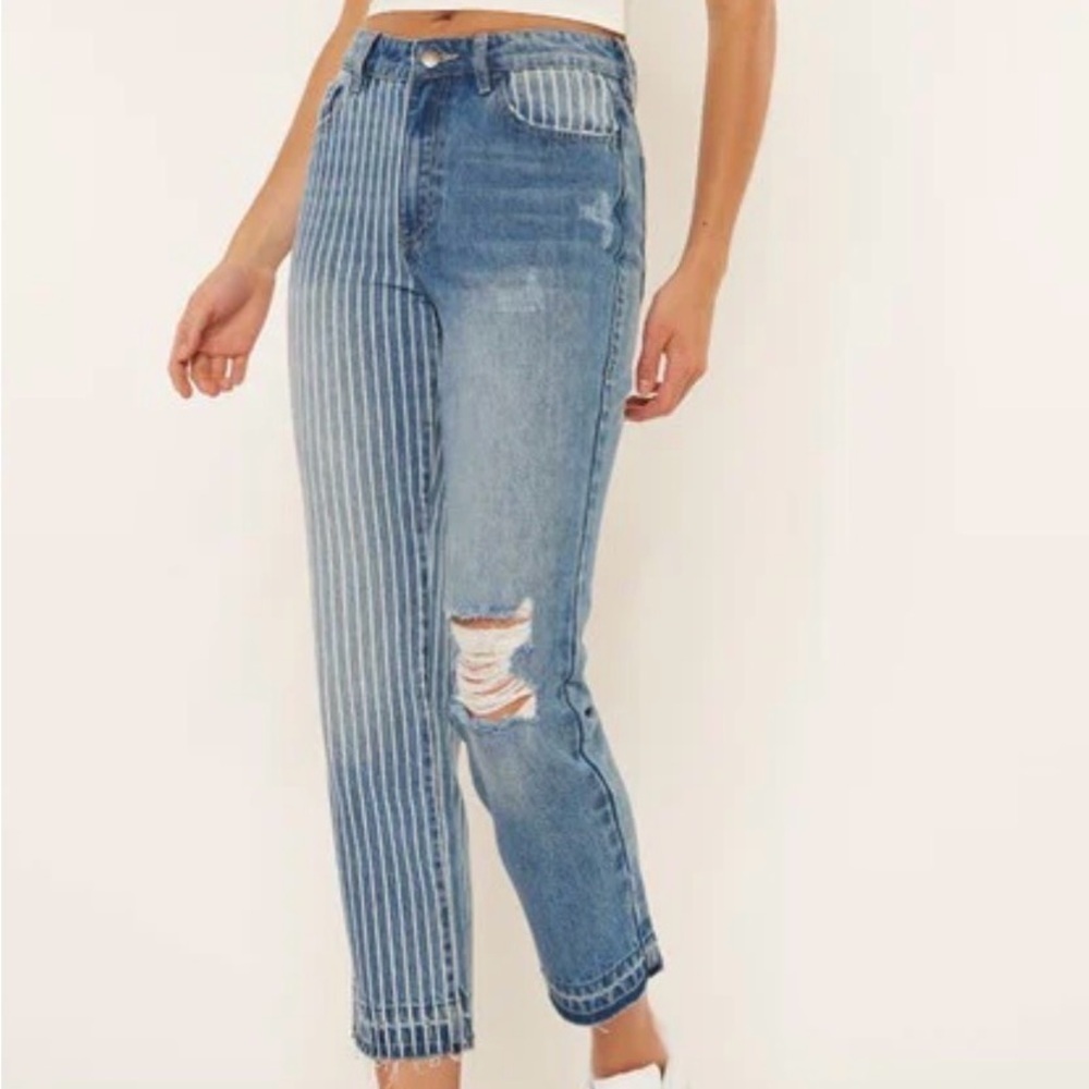 BLUE REVIVAL DISTRESSED JEANS WITH STRIPES FRAY HEM HIGH RISE STRAIGHT SZ 25
